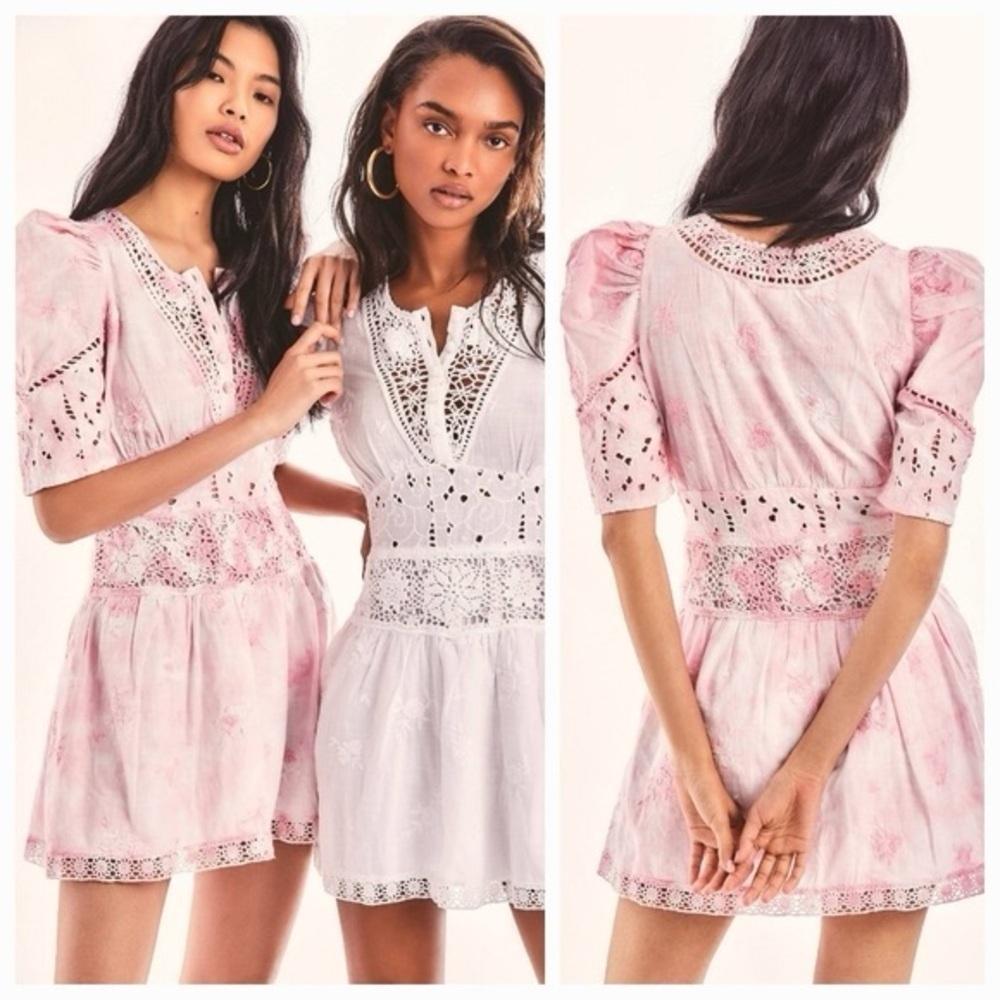 LoveShackFancy Divine mini Dress eyelet crochet Pink Party tie Dye puff sleeves